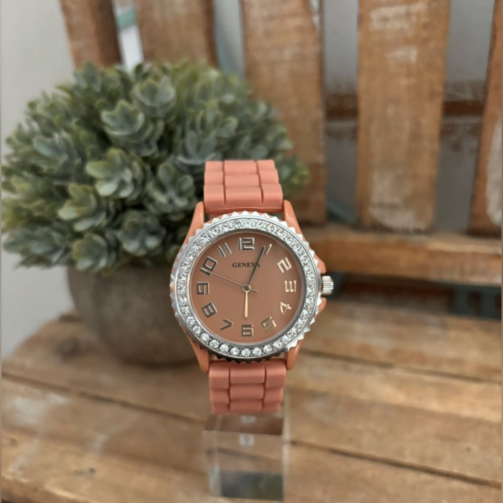 Geneva Platinum Tera Cotta Quartz Silicone Crystal Wrist Watch NEW!